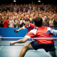 table tennis good schot with backhand. background with a lot of fans watching the game.