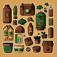 create a Hong Kong-inspired sticker with a nostalgic vibe, featuring small item illustrations. The color scheme should predominantly include shades of brown and dark green. Please design illustrations of small items that are reminiscent of Hong Kong's unique culture and style, utilizing the warm tones of brown and green to create a visually appealing composition. The focus should be on capturing the essence of Hong Kong's atmosphere through these small, meaningful objects. 